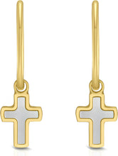 Load image into Gallery viewer, 14k Yellow Gold 21mm Mother of Pearl Dangle Cross Huggie Earrings
