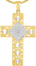 Load image into Gallery viewer, 14k Yellow Gold 1.1&quot; Filigree Four-Leaf Clover Openwork Two-Tone Cross Charm Pendant with optional Adjustable Chain Necklace
