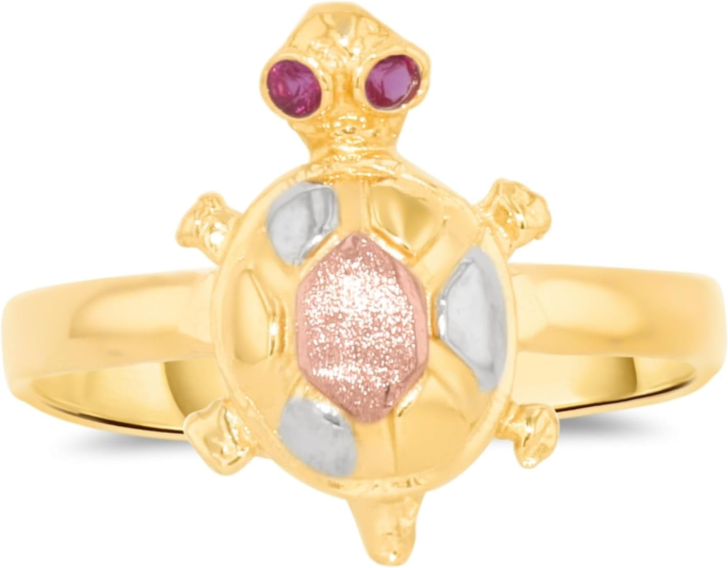 10k Yellow Gold 14mm Turtle Simulated Ruby Tri-Tone Ring, Sizes 4 - 10