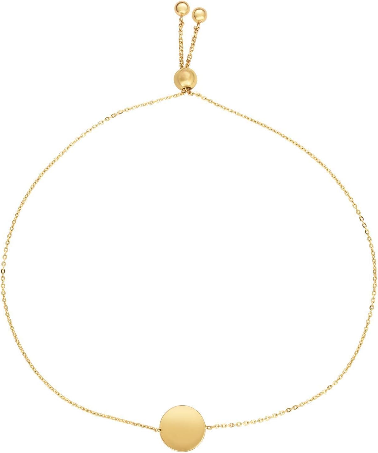 14k Yellow Gold Personalized Custom Engraved Initial Round Circle Tag Adjustable Cable Link Friendship Bolo Bracelet, Extendable 9.25 Inch
