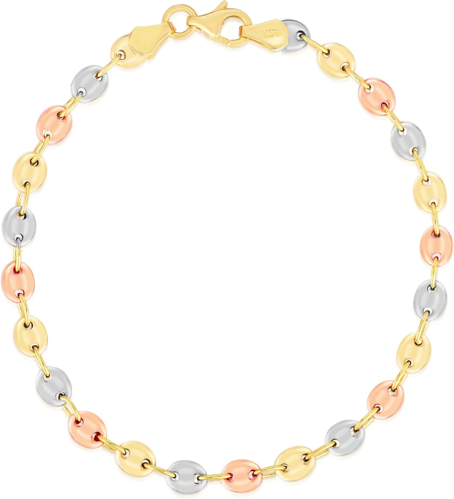 14k Tri-Color Gold 4.7mm Puff Anchor Mariner Chain Anklet, 10 Inch