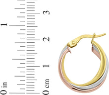 Load image into Gallery viewer, 14k Yellow Gold 20mm x 9mm or 25.8mm x 8mm Trinity Woven Hoop Tri-Color Earrings
