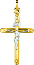 Load image into Gallery viewer, 14k Yellow Gold 1.7" or 1.2" Classic Cylinder Tube INRI Jesus Crucifix Two-Tone Cross Charm Pendant with optional Adjustable Chain Necklace
