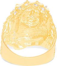 Load image into Gallery viewer, 10k Yellow Gold 29.6mm Jesus Face Two-Tone CZ Praying Hands Men&#39;s Ring, Sizes 5-13
