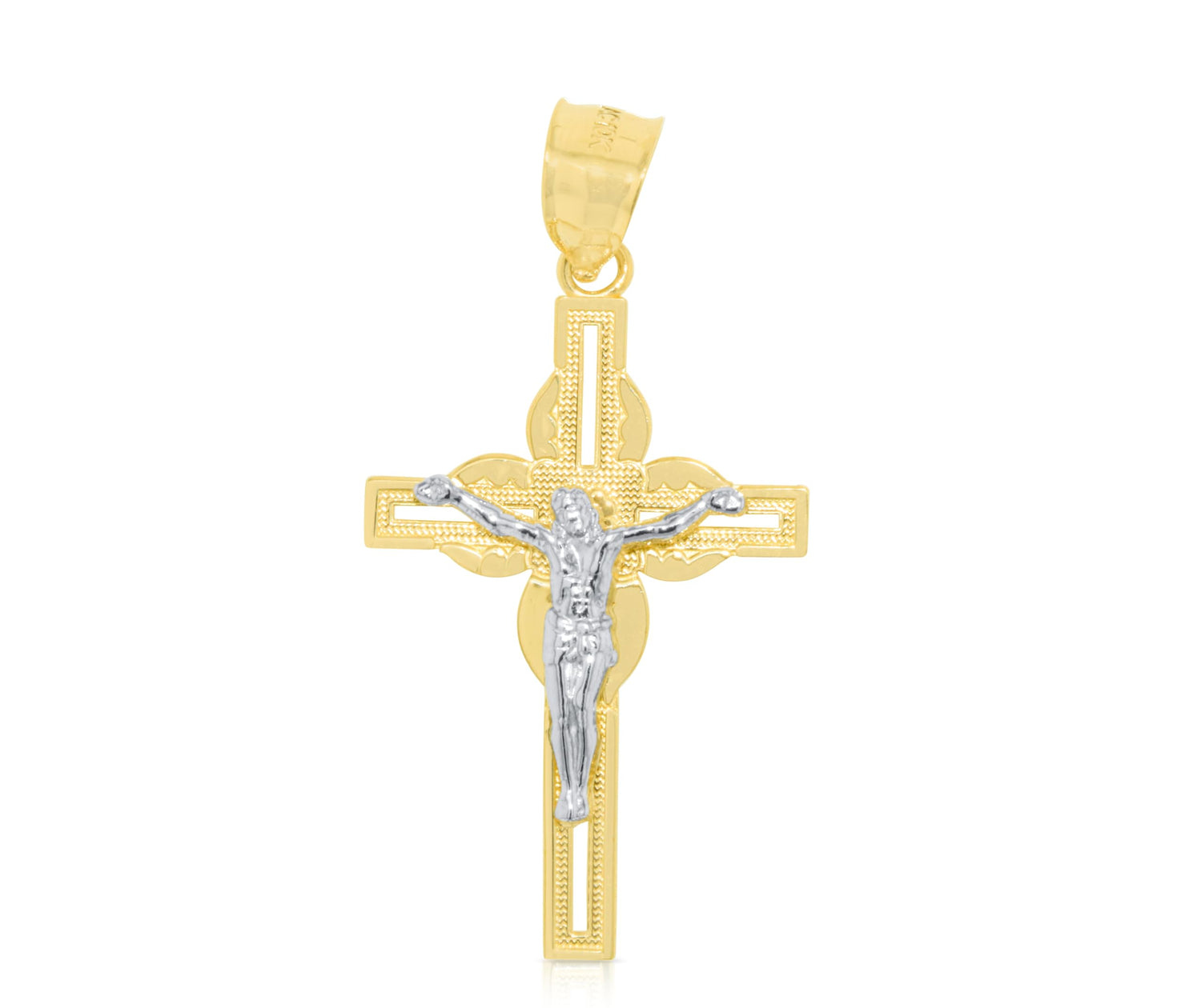 10k Yellow Gold Ribbon Effect Crucifix of Jesus Cross Religious Pendant