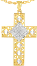 Load image into Gallery viewer, 14k Yellow Gold 1.1&quot; Filigree Four-Leaf Clover Openwork Two-Tone Cross Charm Pendant with optional Adjustable Chain Necklace
