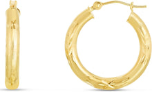 Load image into Gallery viewer, 14k Yellow Gold 3mm x 15mm, 20mm, 25mm or 35mm Diamond Cut &amp; Polished Hoop Earrings
