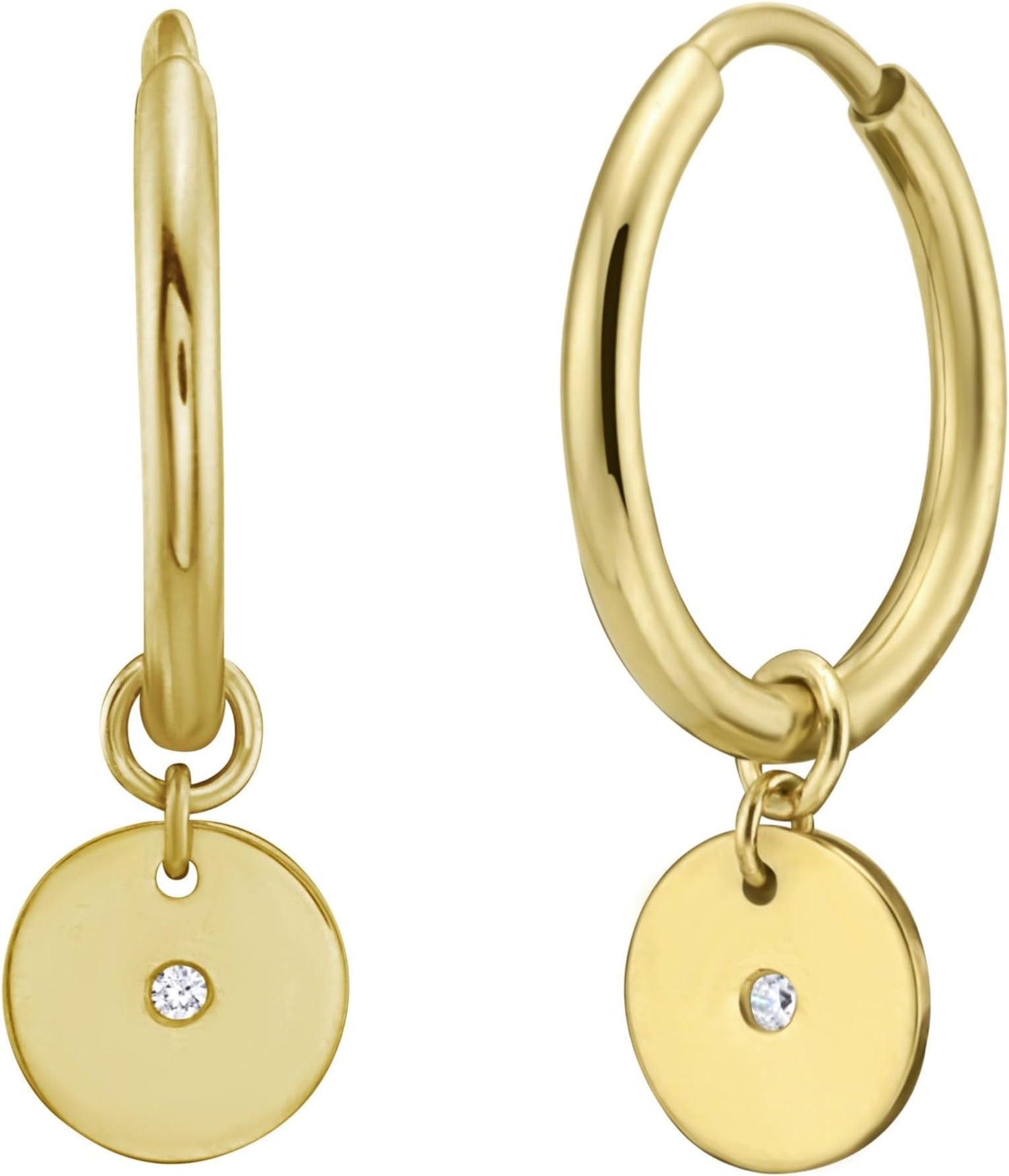 14k Yellow Gold 20.6mm x 6.3mm CZ Disc Charm Hoop Earrings