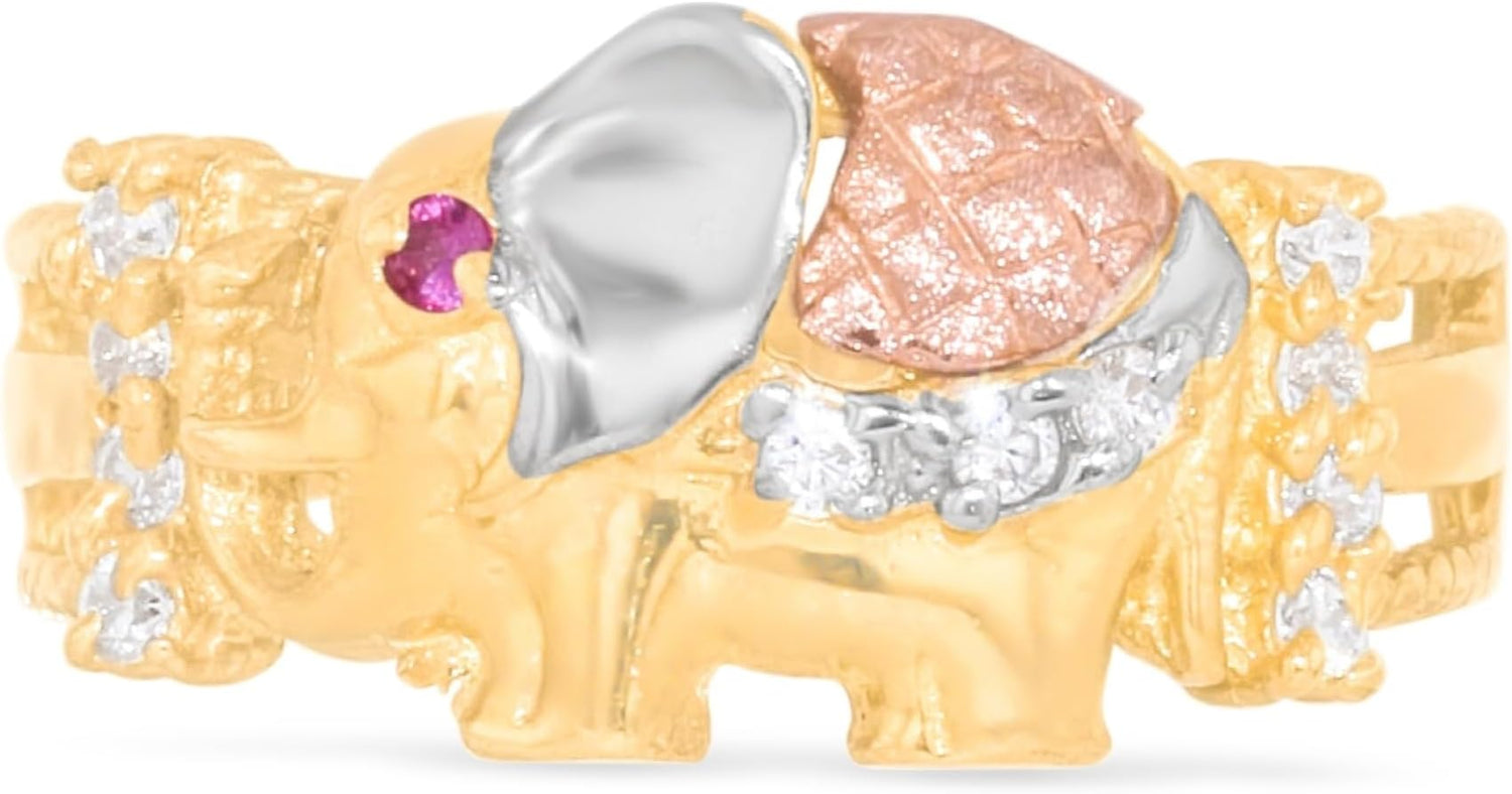 10k Yellow Gold 9mm Ruby Eye CZ Elephant Tri-Tone Ring, Sizes 4 - 9.5