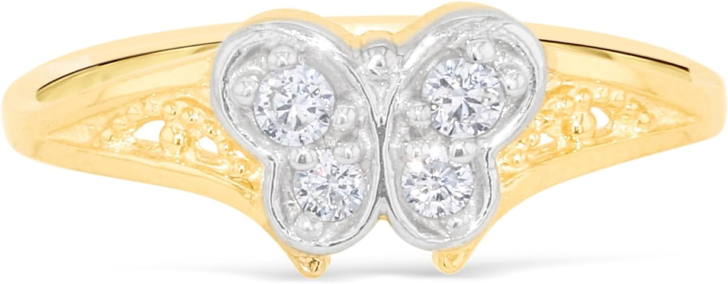10k Yellow Gold 6mm Filigree Pave CZ White Gold Butterfly Double Shank Ring, Sizes 4 - 9.5