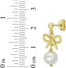 Load image into Gallery viewer, 14k Yellow Gold 23.1mm x 11.5mm Bow Pearl Drop Earrings
