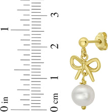 Load image into Gallery viewer, 14k Yellow Gold 23mm Bow Pearl Drop Earrings
