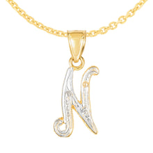 Load image into Gallery viewer, 10k Yellow Gold and White Gold Two-Tone 21.5mm Cursive Personalized Alphabet A-Z Initial Pendant with Optional 1.1mm Solid Cable Chain, 18 Inch
