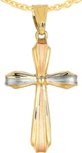 Load image into Gallery viewer, 14k Yellow Gold 1&quot; Fluted Tri-Color Cross Charm Pendant with optional Adjustable Chain Necklace
