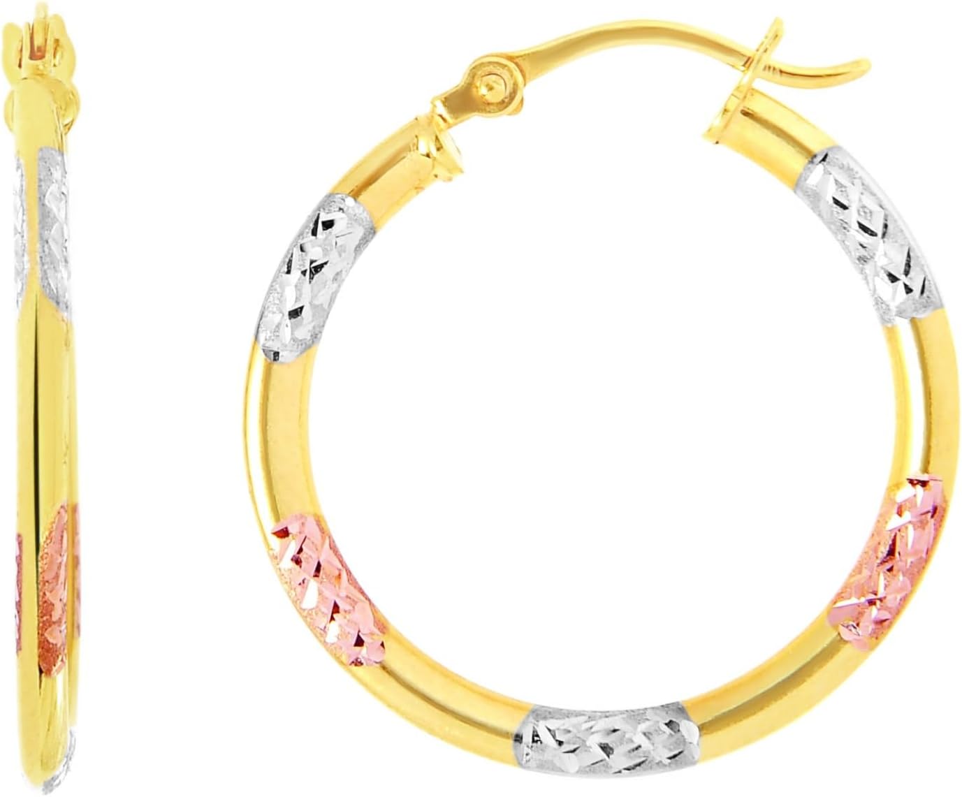 14k Tri-Tone Gold 2mm x 15mm Diamond Cut Station Hoop Earrings