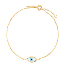 Load image into Gallery viewer, 14k Yellow Gold 15.6mm Mother of Pearl Enamel Evil Eye Charm Link Bracelet, Extendable 6.25" - 7 Inch
