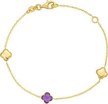 Load image into Gallery viewer, 14k Yellow Gold Natural Amethyst Gemstone Clover Charm Bracelet, Adjustable 6.25 Inch-7.25"

