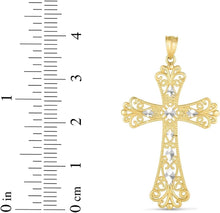 Load image into Gallery viewer, 14k Yellow Gold 1.3&quot; Filigree Openwork Two-Tone Lozenge Cross Charm Pendant with optional Adjustable Chain Necklace
