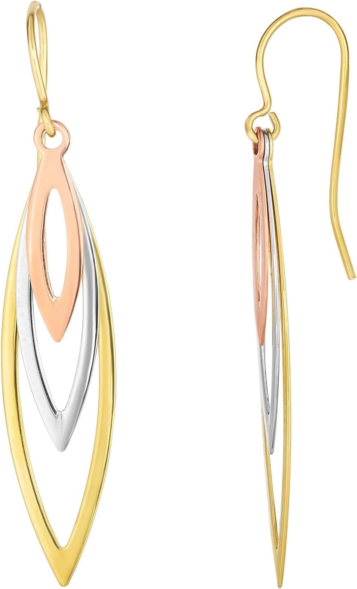 10k Yellow Gold 30mm Layered Leaves Tri-Color Drop Earrings