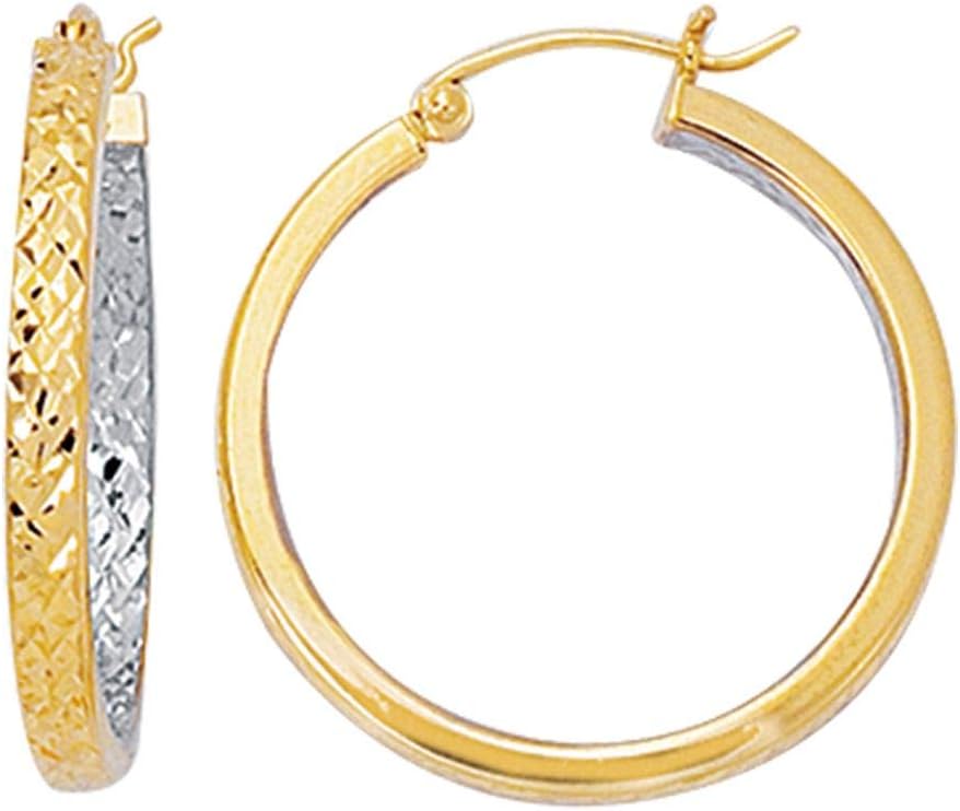14k Yellow Gold and White Gold 3mm x 30mm Diamond Cut Hoop Earrings