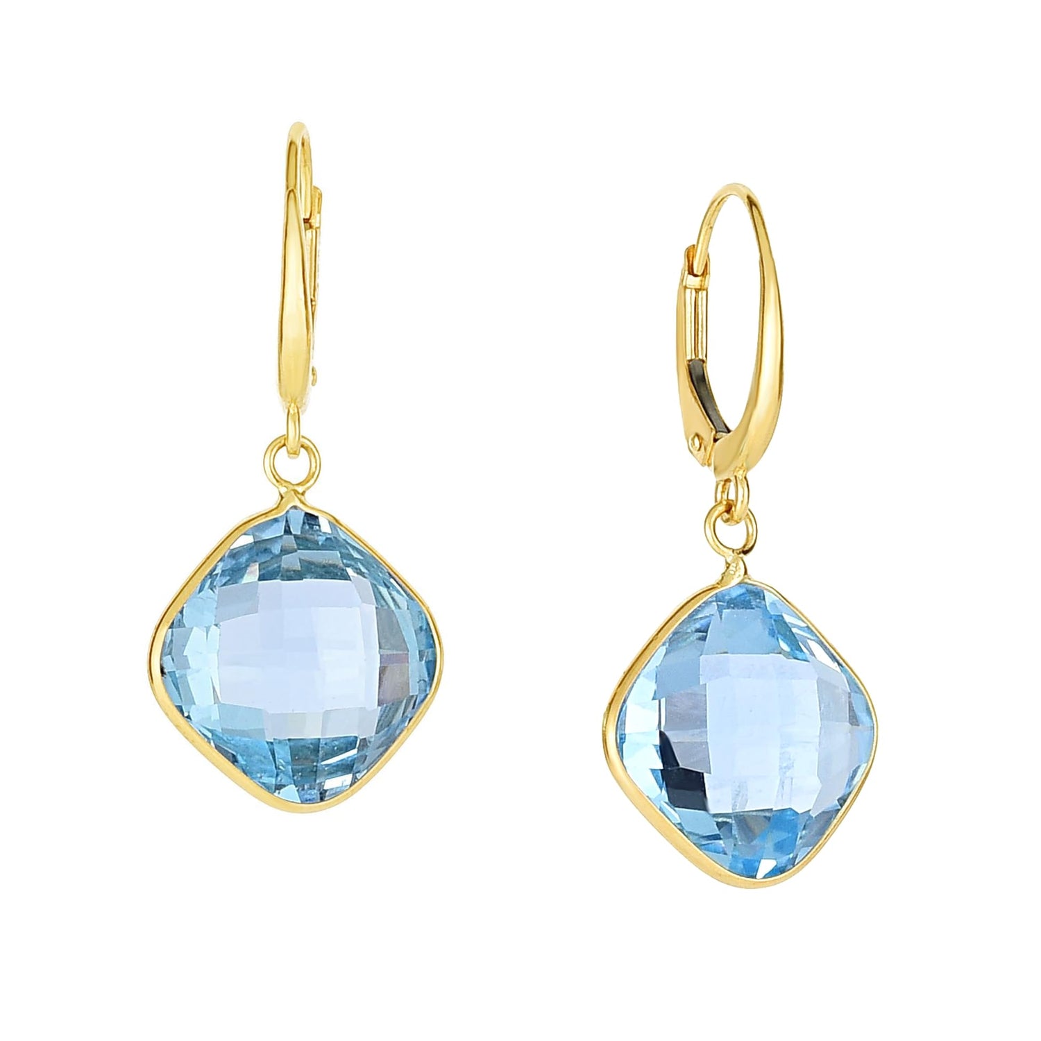 14k Yellow Gold 30mm Blue Topaz Cushion Drop Earrings