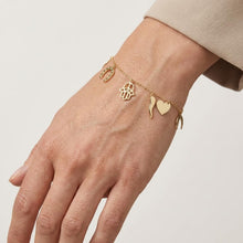 Load image into Gallery viewer, 14k Yellow Gold 13.5mm Horseshoe Hamsa Heart Horn Moon Dangling Element Charm Link Bracelet, Adjustable 6.25" - 7 Inch
