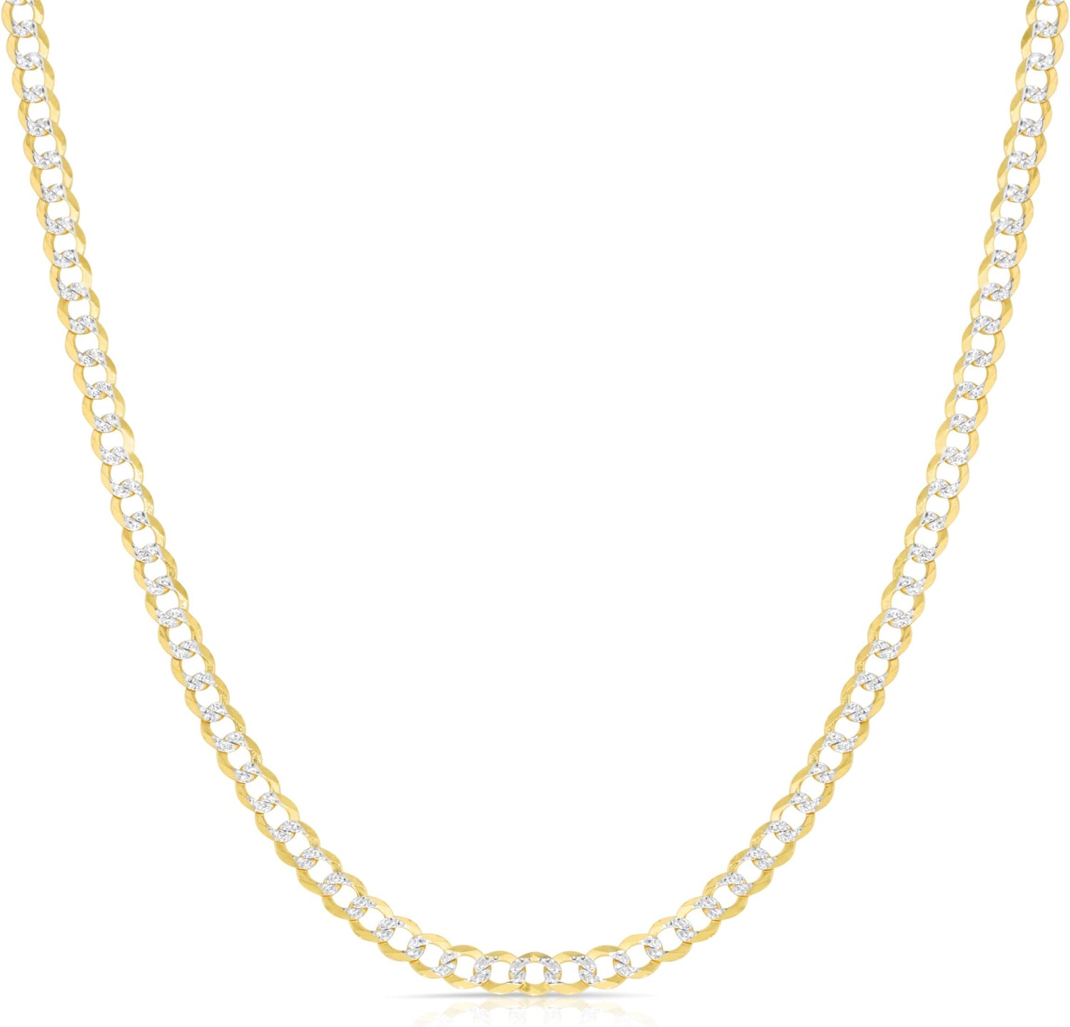 14k Yellow Gold and White Gold 3.5mm Solid Two-Tone Pave Curb Cuban Chain Necklace