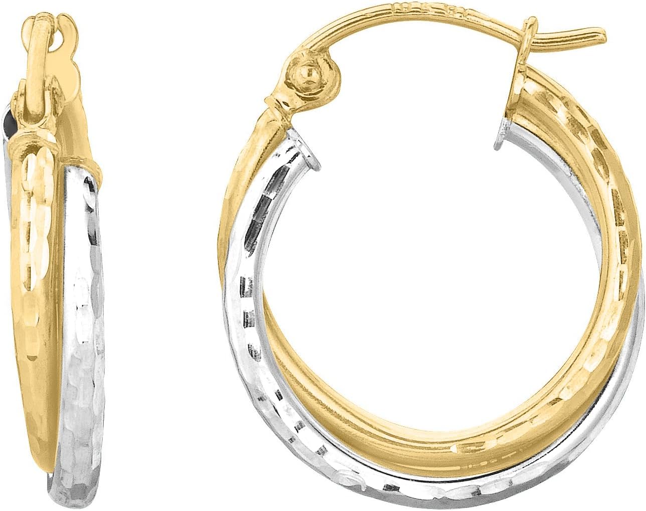 14k Yellow Gold and White Gold 15mm Double Row Diamond Cut Hoop Earrings