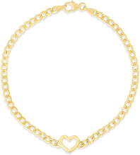 Load image into Gallery viewer, 14k Yellow Gold 10mm Open Heart Charm 3.4mm Lite Curb Link Bracelet, 7 Inch
