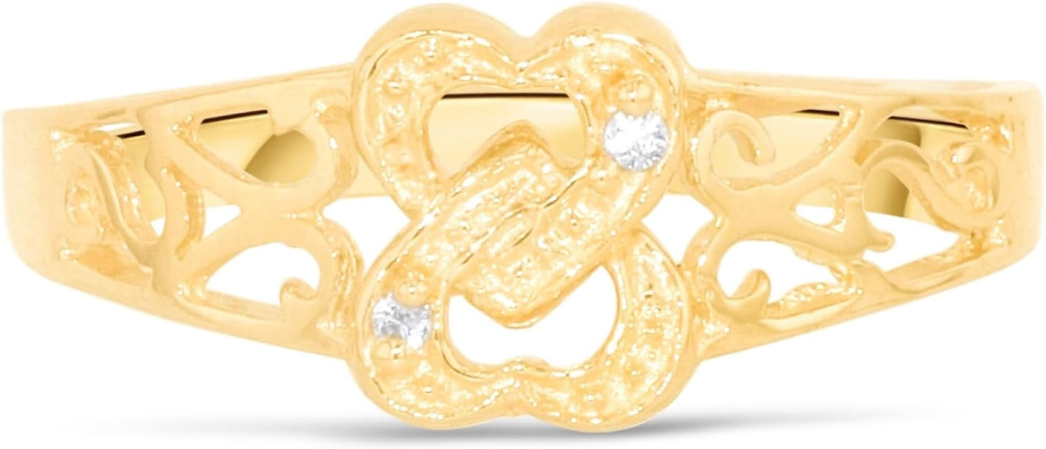 10k Yellow Gold 7mm Two Interlocked Filligree Hearts CZ Openwork Ring, Sizes 4 - 10