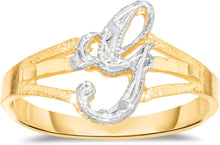 Load image into Gallery viewer, 10k Two-Tone Yellow Gold and White Gold 8.5mm Personalized A-Z Initial Cursive Letter Ring, Sizes 3 - 10
