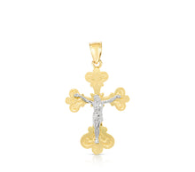 Load image into Gallery viewer, 10k Yellow Gold Tri-Flower Crucifix Religious Pendant
