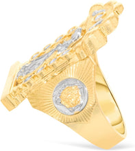 Load image into Gallery viewer, 10k Yellow Gold 28.7mm Two-Tone Mother Virgin Saint Mary Arch Praying Hands CZ Ring, Sizes 6-13
