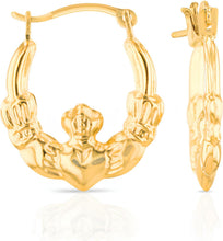 Load image into Gallery viewer, 10k Yellow Gold 15mm Claddagh Hoop Earrings
