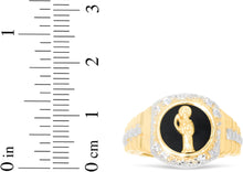 Load image into Gallery viewer, 10k Yellow Gold 14mm St. Muerte Angel of Death Grim Reaper Onyx Railroad CZ Religious Saint Ring, Sizes 5 - 13
