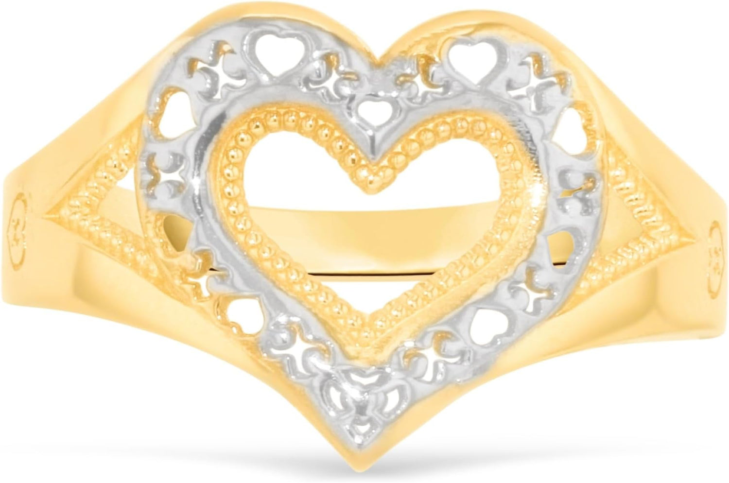 10k Yellow Gold 12mm Filigree XOXO X O Hearts Openwork Two-Tone Ring, Sizes 4 - 11