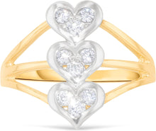 Load image into Gallery viewer, 10k Yellow Gold 16mm CZ Triple Heart Stack Triple Shank Two-Tone Ring, Sizes 4 - 10
