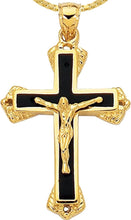 Load image into Gallery viewer, 14k Yellow Gold 1.4&quot; Layered Black Enamel Jesus Crucifix Cross Charm Pendant with optional Adjustable Chain Necklace
