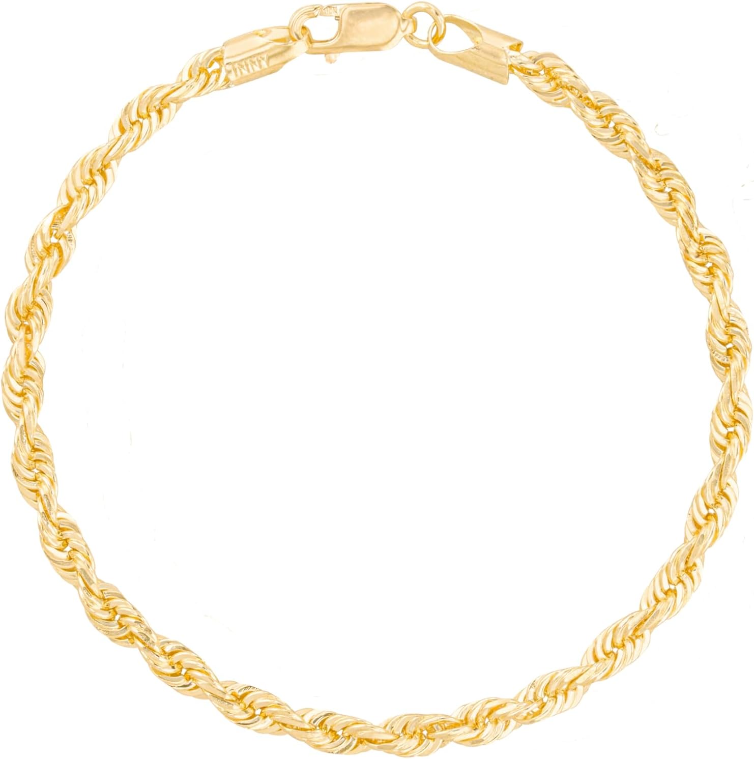 10k Yellow Gold 3.5mm Solid Rope Chain Diamond Cut Bracelet or Anklet