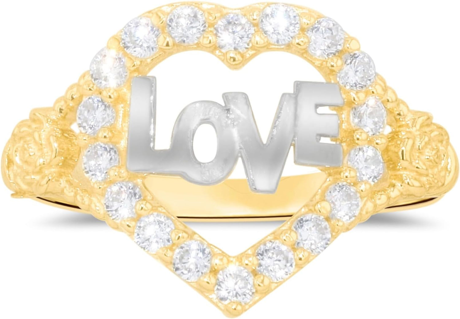 10k Yellow Gold 13mm Heart CZ Two-Tone Love Ring, Sizes 4-10