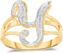 Load image into Gallery viewer, 10k Two-Tone Yellow Gold and White Gold 15mm Personalized A-Z Initial Cursive Letter Ring, Sizes 3 - 10
