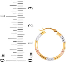 Load image into Gallery viewer, 10k Yellow Gold 19mm Diamond Cut Station Tri-Color Hoop Earrings
