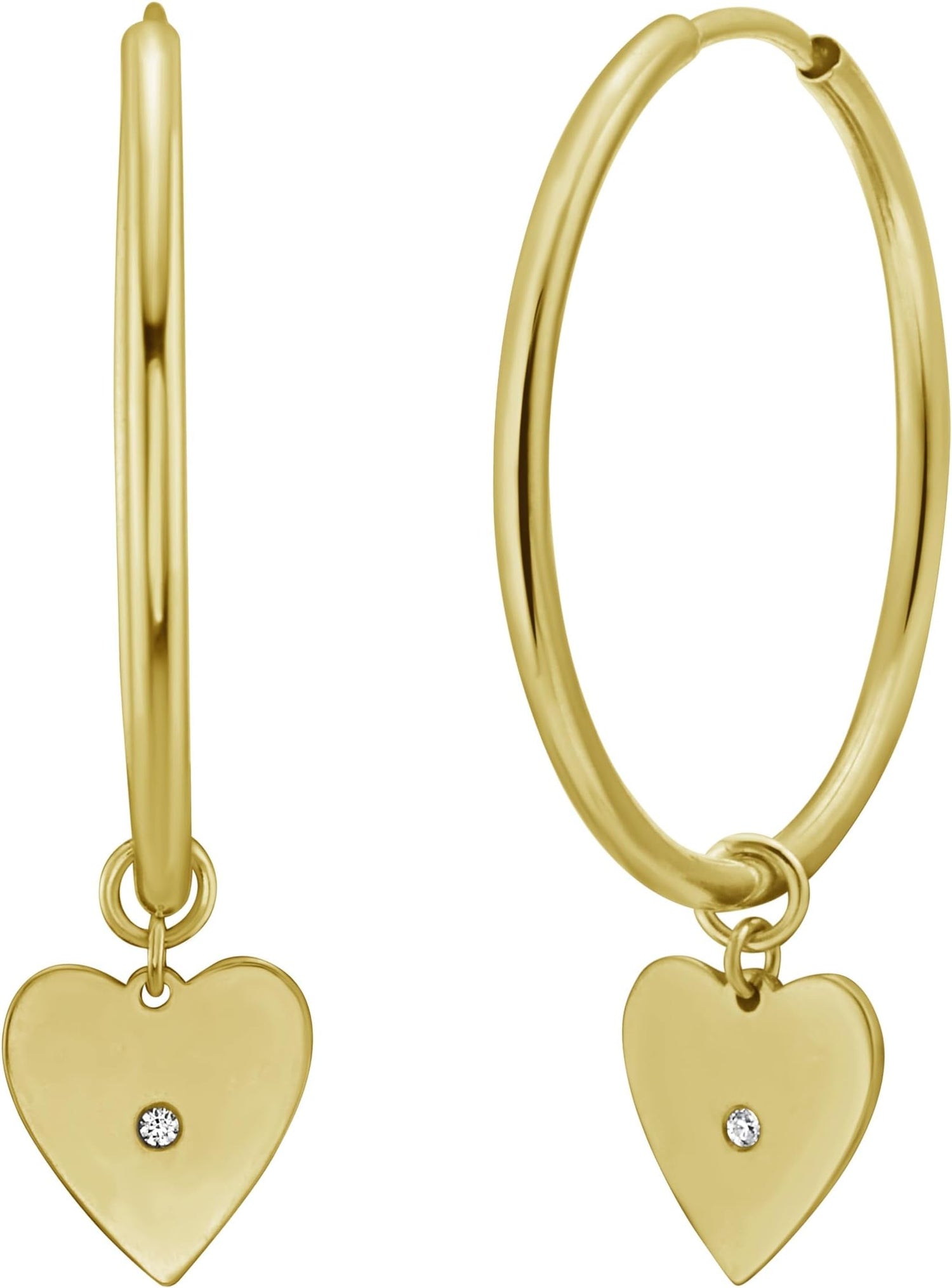 14k Yellow Gold 32.8mm x 8mm CZ Heart Charm Hoop Earrings