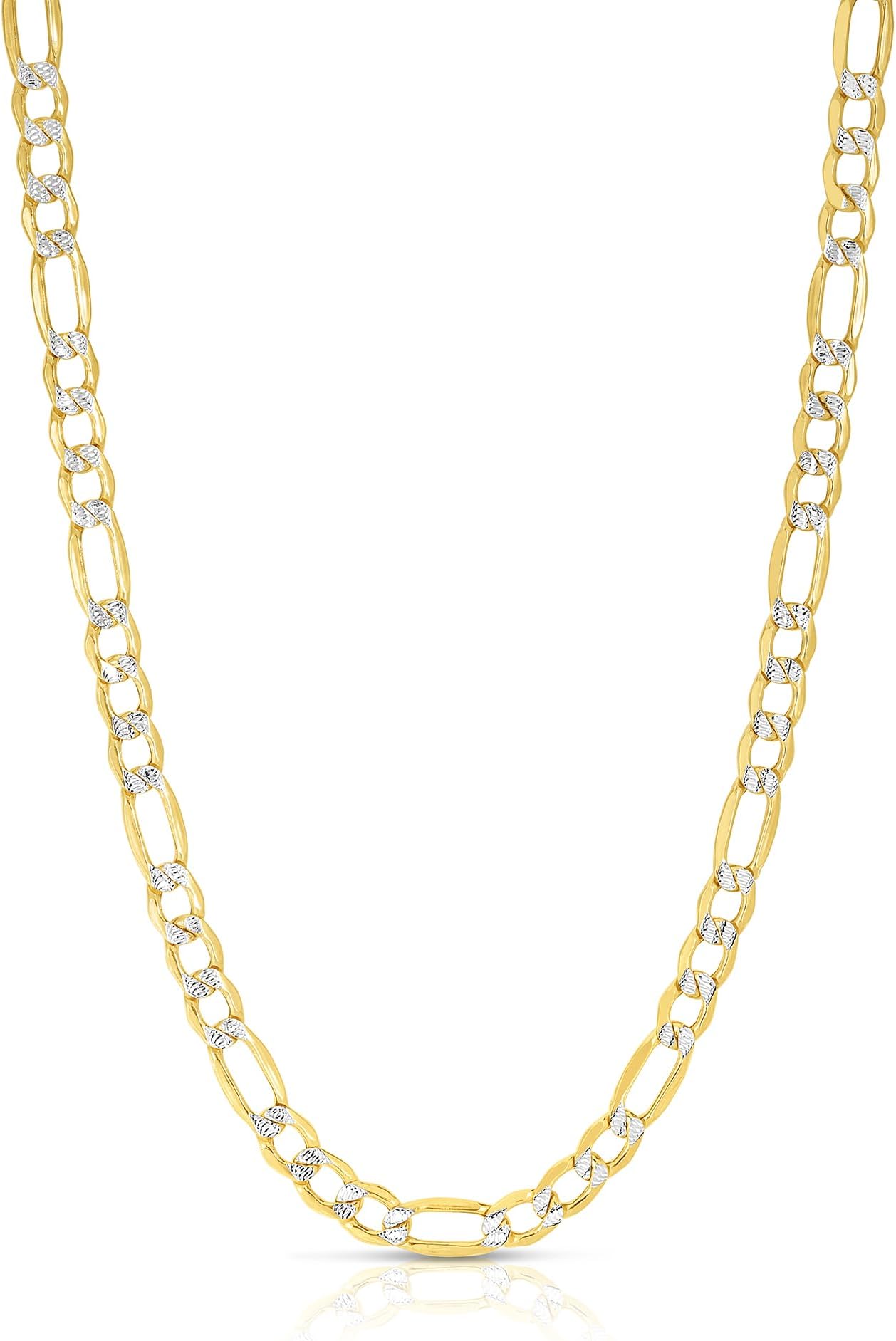 14k Yellow Gold and White Gold 4.5mm Solid Two-Tone Pave Figaro Chain Necklace