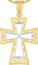 Load image into Gallery viewer, 14k Yellow Gold 1.5&quot; Filigree Openwork Wide Two-Tone Cross Charm Pendant with optional Adjustable Chain Necklace
