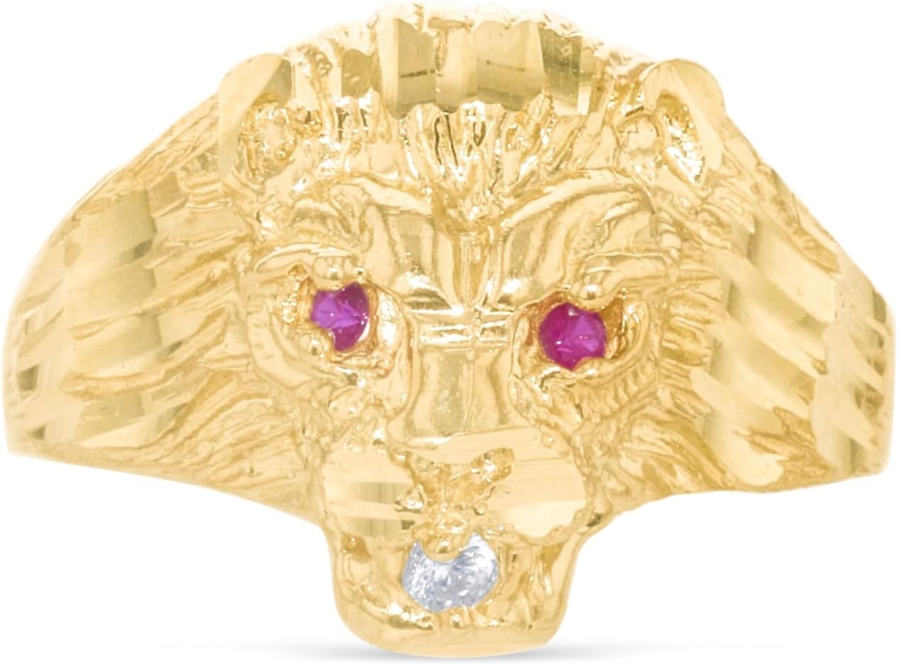 10k Yellow Gold 15.9mm Panther Lioness Ruby Eyes CZ Ring, Sizes 4-13