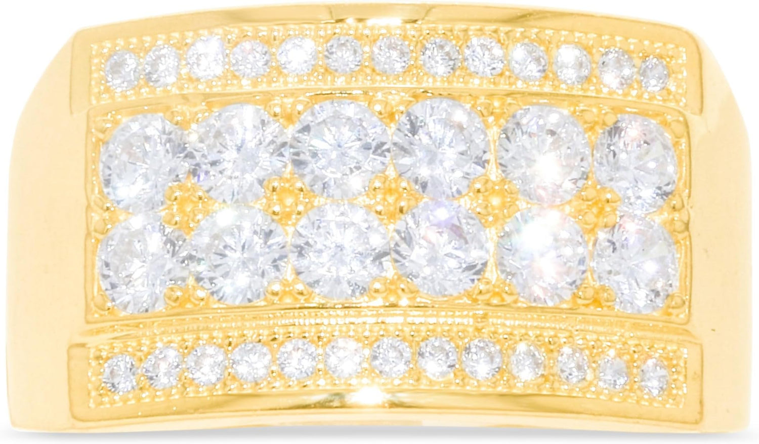 10k Yellow Gold 12.3mm Double-Row Pave CZ Rectangle Signet Ring, Sizes 4-13