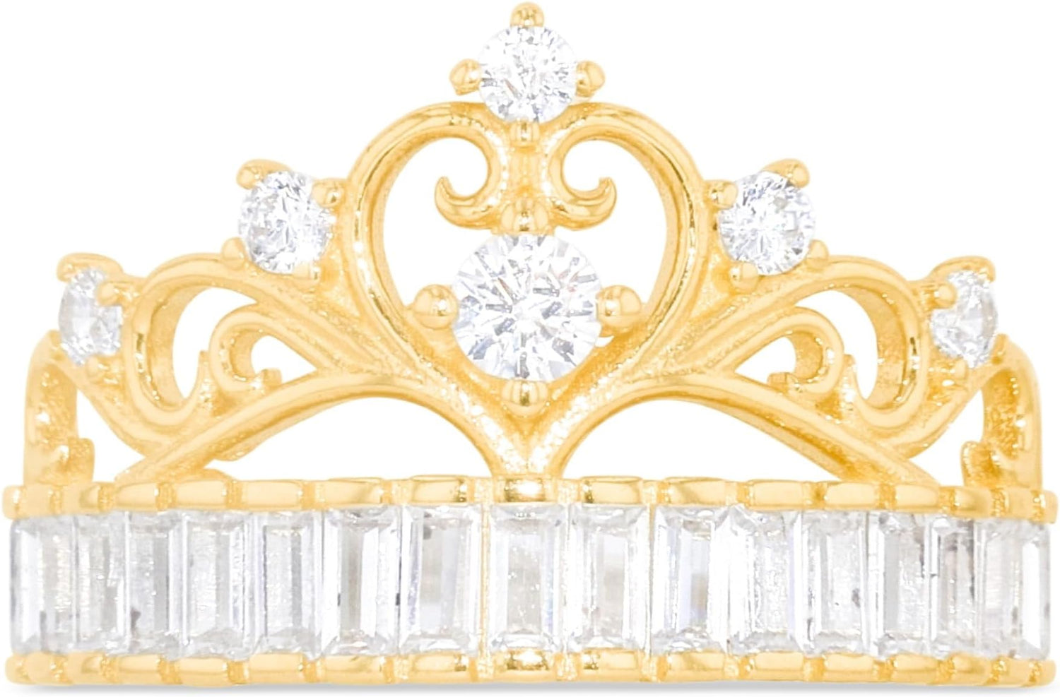 10k Yellow Gold 13mm Filgree CZ Heart Crown Openwork Baguette Ring, Sizes 4 - 11