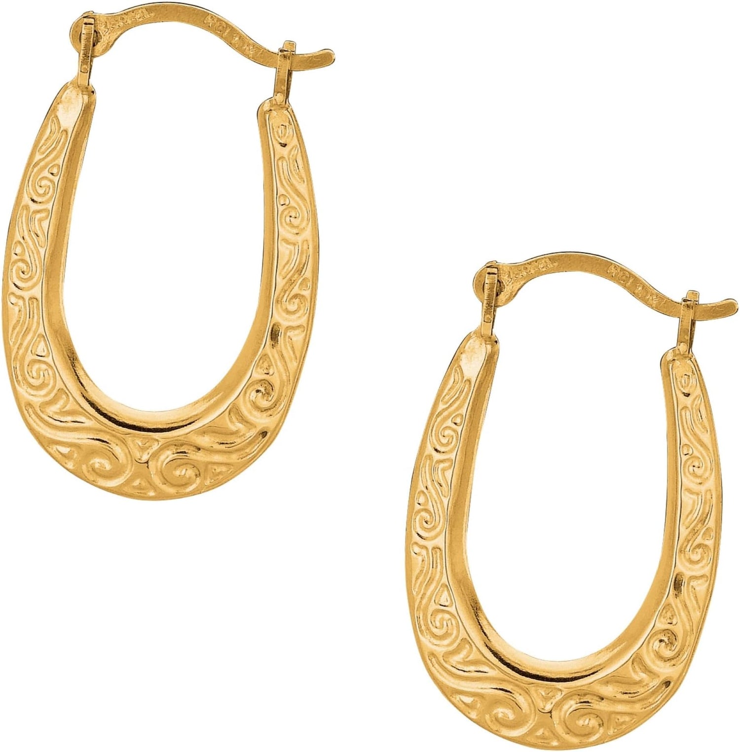 10k Yellow Gold 16mm Oval Scroll Pattern Hoop Earrings