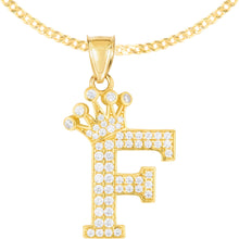 Load image into Gallery viewer, 10k Yellow Gold 0.8&quot; Pave CZ Personalized Crown Alphabet Letter A - Z Initial Charm Pendant with optional Chain Necklace
